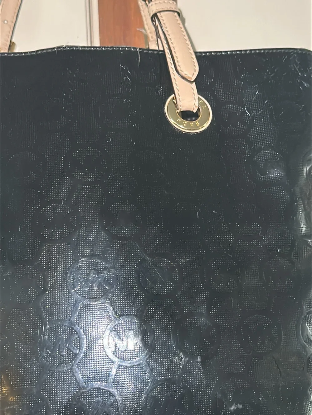 Michael Kors Black Patent Shoulder Tote with Light Tan Straps